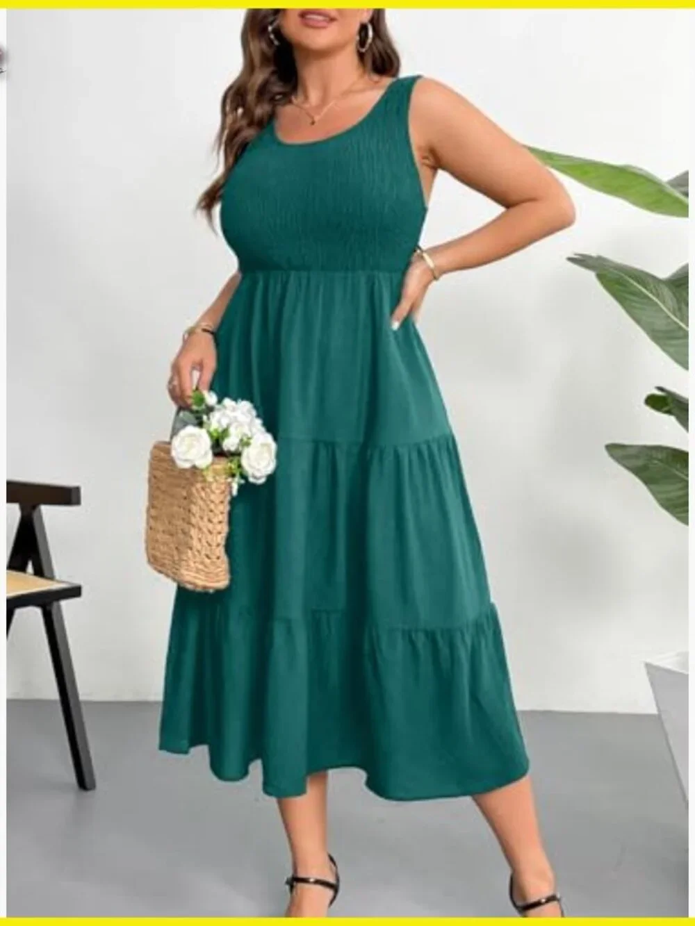 Sleeveless Smocked Midi Dress Flowy Tiered Boho Beach Casual Sundress